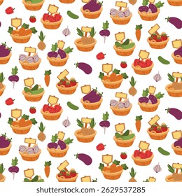 Pattern wicker baskets inside with vegetables, vegetables around. The texture of flat color illustrations. Suitable for packaging, organic food advertising, cooking blogs, farm produce stores