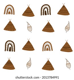 pattern with wigwam, rainbow, feathers in doodle and boho style. Brown. Can be used as a background, wallpaper, on fabric and as a decorative decor.