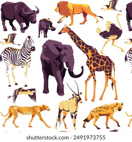 Pattern of wild African animals. White background. Vector flat illustration. Zoo and tourism