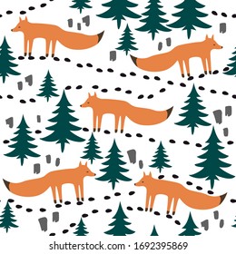 Pattern with wild foxes in the forest. Cartoon forest life in scandinavian style. Great for wrapping, textille, wallpaper.