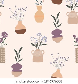 Patrón de flores silvestres y de jardín florecientes en jarrones aislados en un fondo brillante. Patrón vectorial sin fisuras de ramos. Fondo de elementos de diseño floral.