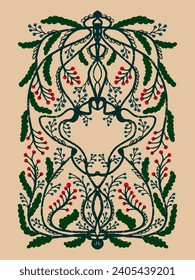 Patrón de hierbas silvestres con bayas, simétricas, texturadas, dibujadas a mano. Marco, fondo, postal. Vector