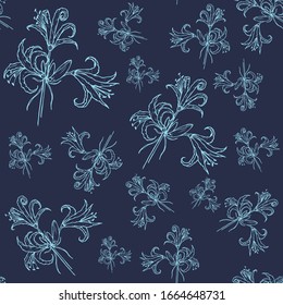 Pattern with wild lilies a white outline on a dark blue background, stock vector illustration for design and decor, prints, wrapping paper, fabrics