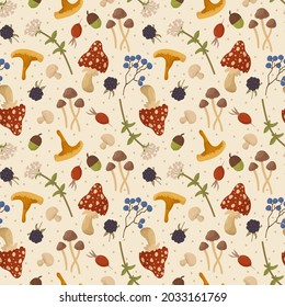 Pattern with wild mushrooms and berries. Natural texture with wild mushrooms, flowers and plants. Forest texture for doodle textiles. Vector illustration