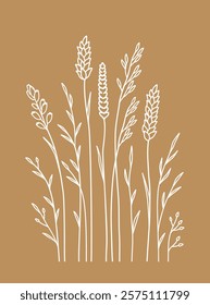 Pattern of wild sheaf and wildflowers silhouettes, branches and spikelet, field plants and herbs with leaves, flowers, native grass, decorative design elements