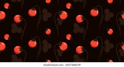 Pattern Wild strawberry with leaves. Minimal shadows, hand-drawn details, cute and cozy style. Vector style.