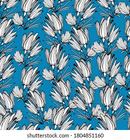 Pattern with wild, summer flowers. Bell flower. Floral background with delicate beautiful summer flowers. Decorative flower of various shapes. For textiles, wallpaper, banners, design. Stock graphics.
