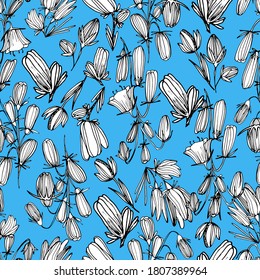 Pattern with wild, summer flowers. Bell flower. Floral background with delicate beautiful summer flowers. Decorative flower of various shapes. For textiles, wallpaper, banners, design. Stock graphics.