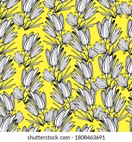 Muster mit wilden Sommerblumen. Glockenblume. Blumenhintergrund mit zarten, schönen Sommerblumen. Dekorative Blume verschiedener Formen. Für Textilien, Tapeten, Banner, Design. Stockgrafiken.