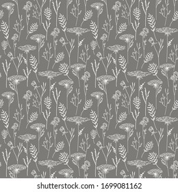 pattern of wild white flowers on a gray background, line contour vector illustration, for design of wallpaper, paper, textile
