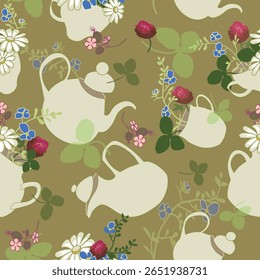 Pattern of wildflower tea collection, olive green version, teapots, cups and wildflower pattern.