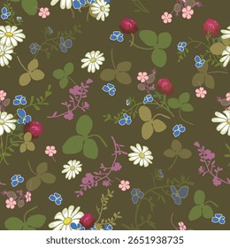 Pattern of wildflower tea collection, olive green version, colorful wildflower bouquets and scattered flowers, leaves, twigs pattern on dark army green background.