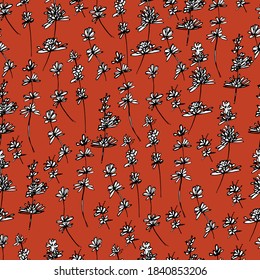 Pattern with wildflowers. Dried flowers, medicinal plants, canola. Background with beautiful little flowers. For wallpaper, banner, coloring, design paper, packaging. Isolate, stock art