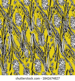 Pattern with wildflowers. Dried flowers, medicinal plants, canola. Background with beautiful little flowers. For wallpaper, banner, coloring, design paper, packaging. Isolate, stock art