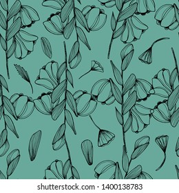 Pattern with wildflowers painted by hand with mascara. Spring flowers in different angles. Flowers irises. For design, wallpaper, scrapbooking, templates, for cosmetics, weddings
