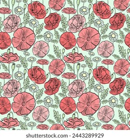 Pattern of wildflowers, poppies and daisies, simple flower outline, vector illustration