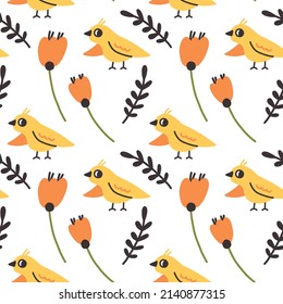 Pájaro amarillo de flores silvestres de patrón. Papel de fondo de caricatura plana dibujado a mano vectores de papel digital papel de tela textil papel tapiz