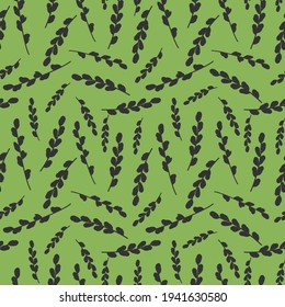 Pattern with willow branches silhouette. Endless vector texture on green background. For textile, wrapping paper
