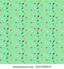 Pattern with willow, butterflies and flowers. Spring. Tulips.