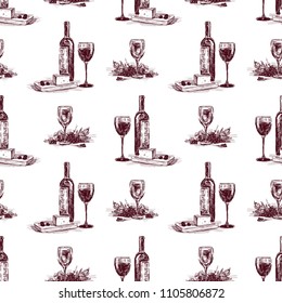 Pattern of wine bottles and glasses with cheese