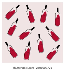 Pattern of wine bottles with red liquid on a light background, showcasing a playful arrangement