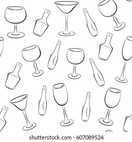 
Pattern of wine glasses and bottles of different shapes and sizes black silhouette on a white background