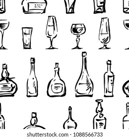 Pattern of the wine glasses and bottles sketches