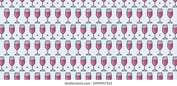 A pattern of wine glasses filled with red wine against a light background