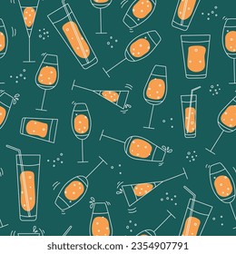 Pattern Wine glasses.   Glass goblets with alcoholic drinks, wine. Champagne, holiday. Doodle style. Seamless background. Vector graphics.