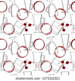 Pattern wine spot and doodling glasses for drinks and whiskey, red watercolor stains, hand drawing. 