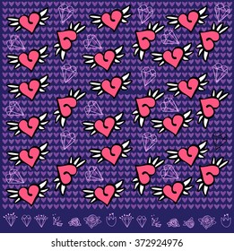 Pattern with winged hearts. Valentines day vector beckground 