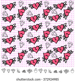 Pattern with winged hearts. Valentines day vector beckground 