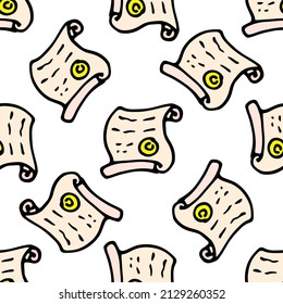 el patrón del certificado del ganador. patrón transparente de un icono de desplazamiento de papel con un sello de oro, dibujado en un estilo de doodle con un color marrón claro de contorno negro a menudo sobre blanco para el diseño del ganador 