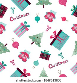 pattern winter attributes gifts decorations Christmas toys mittens bows in flat style. isolated illustrations on a white background. Drawing in pink turquoise shades.