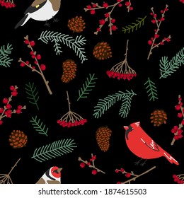 Pattern winter birds and berries, twigs, Christmas decor. Tit, bullfinch, robin, goldfinch