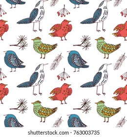 Pattern with winter birds, berry and christmas tree branch.