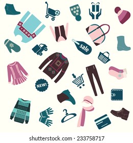 Pattern of  Winter clothes and shoes collection and shopping sign -illustration 