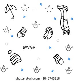 pattern of winter clothing: hat, umbrella, socks, mittens, snowmans. Flat design