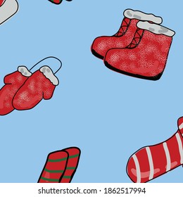 pattern with winter clothing on a blue background