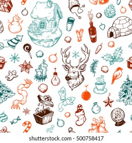Pattern with winter elements. Christmas pattern. Christmas decorations, gifts, snowballs, sweets, holly, candles, snowflakes, spruce, lolly.