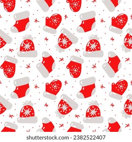 Pattern with winter elements. Cute and cozy seamless banner with red hats, mittens and socks on a white, with red lines in the form of snowflakes. Vector seamless, with children's cartoon elements