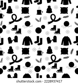 Pattern winter elements silhouette. Sweater, cup, scarf, hat