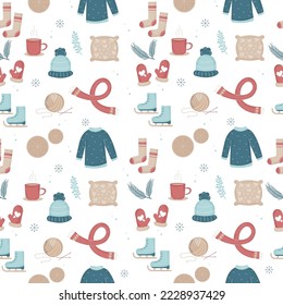 Pattern of winter elements. Sweater, cup, scarf, hat