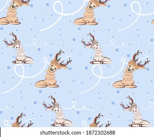 Pattern winter festive deer with garlands in horns, snowballs and skate tracks on ice