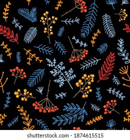 Pattern winter flowers berries, twigs, Christmas decor.