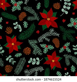 Pattern winter flowers berries, twigs, Christmas decor.
