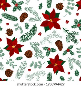 Pattern winter flowers berries, twigs, Christmas decor.