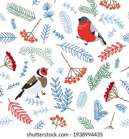 Pattern winter flowers berries, twigs, Christmas decor.