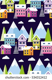 Pattern with Winter forest landscape with houses and Christmas tree. Vector illustration. Winter background for your design.