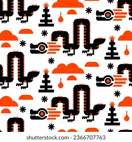 A pattern with a winter geometric dragon in orange and black colors. Seasonal elements Christmas tree, snowdrift, snowflake, toy on a white background. A mystical animal in winter. Year of the Dragon